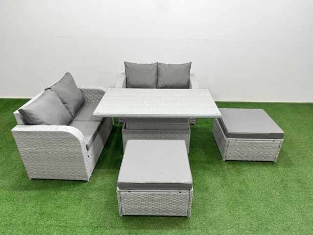 Fimous 6 Seater Outdoor Love Sofa Set Rattan Garden Furniture Set with Adjustable Lifting Dining or Coffee Table 2 Footstool Light Grey - image 1