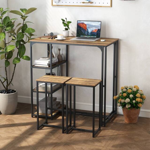 Costway 3-Piece Bar Table Set 2 Person Dining Furniture Set w/2 Stools in Brown - image 1