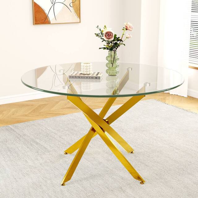 Dprodo Round Tempered Glass Dining Table with Chromed Legs 90cm in Gold - Size: 2 Pack - image 1