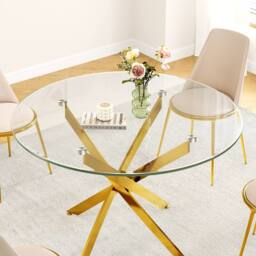 Dprodo Round Tempered Glass Dining Table with Chromed Legs 90cm in Gold - Size: 2 Pack - thumbnail 3