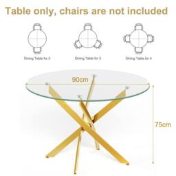 Dprodo Round Tempered Glass Dining Table with Chromed Legs 90cm in Gold - Size: 2 Pack - thumbnail 4
