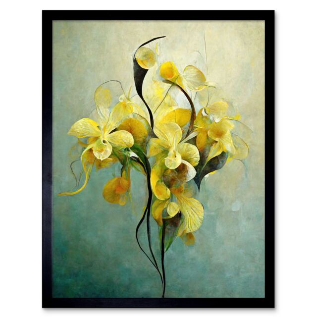 "Artery8 Wall Art Print Elegant Orchid Yellow Modern Art Framed in Black - Size: W12"" x H16""" - image 1