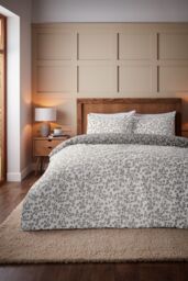 Catherine Lansfield 'Brushed Grace Floral Leaf' Cotton Reversible Duvet Cover Set in Grey - Size: Single - thumbnail 2