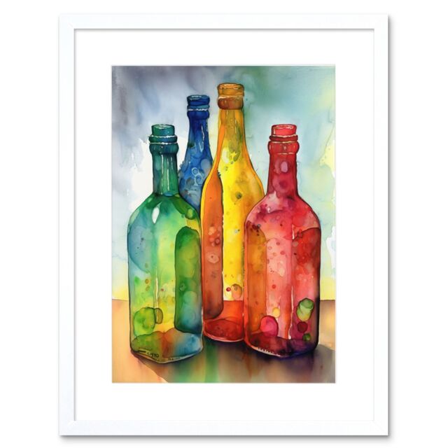 "Artery8 Wall Art Print Coloured Glass Cider Bottles Still Life Watercolour Painting Artwork Framed 9X7 Inch in White - Size: W7"" x H9""" - image 1