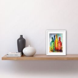 "Artery8 Wall Art Print Coloured Glass Cider Bottles Still Life Watercolour Painting Artwork Framed 9X7 Inch in White - Size: W7"" x H9""" - thumbnail 2