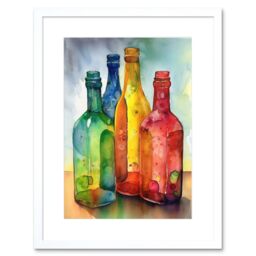 "Artery8 Wall Art Print Coloured Glass Cider Bottles Still Life Watercolour Painting Artwork Framed 9X7 Inch in White - Size: W7"" x H9""" - thumbnail 1