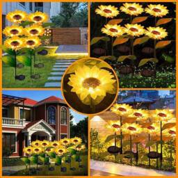 VOGREX 2PCS 3 Heads LED Solar Power Sunflower Stake Lights in Yellow - thumbnail 3
