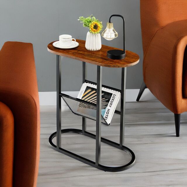 Rafaelo Mobilia Industrial Side Table With Mesh Magazine Holder Rustic Brown