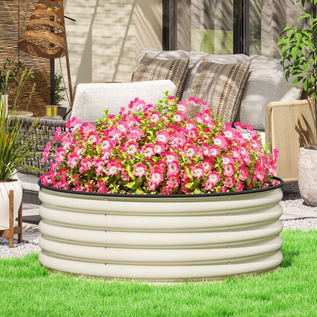 OUTSUNNY Galvanised Planter with Gloves, 120 x 120 x 43cm, Cream White - Size: 120 x 120 x 43 cm - image 1