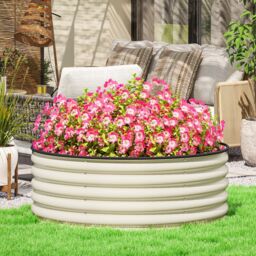 OUTSUNNY Galvanised Planter with Gloves, 120 x 120 x 43cm, Cream White - Size: 120 x 120 x 43 cm - thumbnail 1