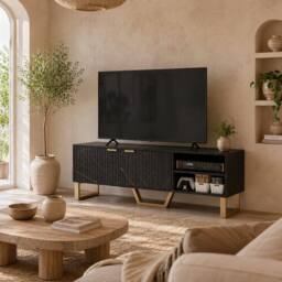Wyld Haus Baseva 140cm Black Marble Effect TV Unit Fluted Doors & Gold Finger - thumbnail 1