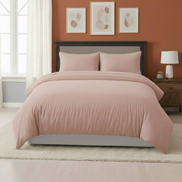Snug City Embossed Stripe Duvet Cover Soft Microfibre Bedding with Pillowcases in Pink - Size: King - image 1