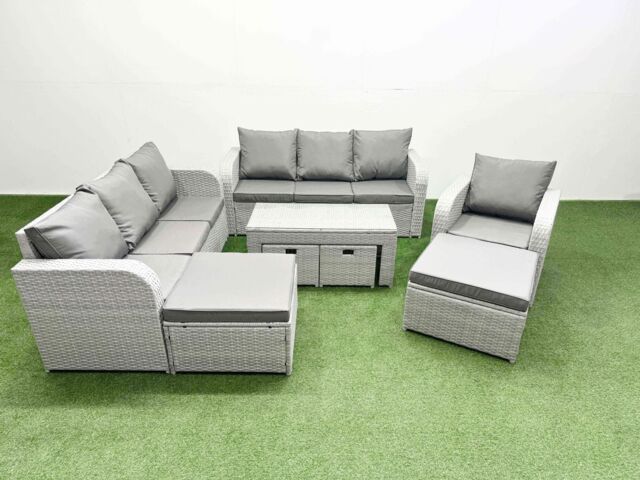 Fimous PE Rattan 3 Seater Sofa Reclining Chair Sets with Oblong Coffee Table in Light Grey - image 1