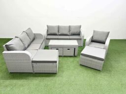 Fimous PE Rattan 3 Seater Sofa Reclining Chair Sets with Oblong Coffee Table in Light Grey - thumbnail 2