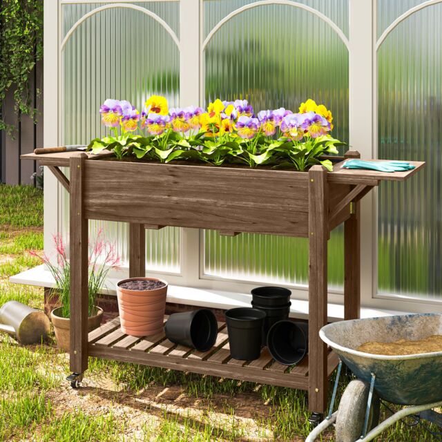 OUTSUNNY Wooden Raised Planter with Lockable Wheels, Liner, Carbonised in Natural - image 1