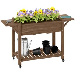 OUTSUNNY Wooden Raised Planter with Lockable Wheels, Liner, Carbonised in Natural - thumbnail 2