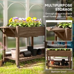 OUTSUNNY Wooden Raised Planter with Lockable Wheels, Liner, Carbonised in Natural - thumbnail 4