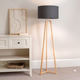 ValueLights Lottie Natural Wood Tripod Floor Lamp with Fabric Drum Shade in Charcoal - thumbnail 1