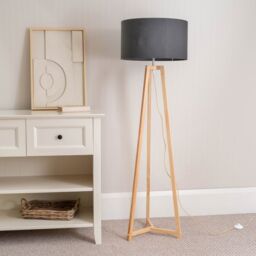 ValueLights Lottie Natural Wood Tripod Floor Lamp with Fabric Drum Shade in Charcoal - thumbnail 3