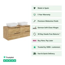 Banyetti Celtic 1200mm Wall Hung Bathroom Vanity Unit with Matching Worktop - Ostippo Oak in Light Oak - thumbnail 2