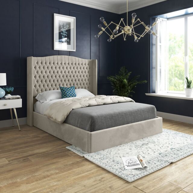 KDMD Rana Curved Top Winged Upholstered Soft Velvet Cream Bed Frame - Size: Super King - image 1