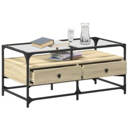 Berkfield Home Coffee Table with Glass Top Sonoma Oak 98.5x50x45 cm Steel in Brown - thumbnail 3