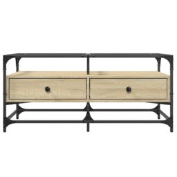 Berkfield Home Coffee Table with Glass Top Sonoma Oak 98.5x50x45 cm Steel in Brown - thumbnail 4