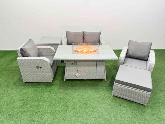 Fimous Light Grey PE Wicker Rattan Garden Furniture Set Sofa Set Reclining Chair Firepit Dining Table 5 Seater With Footstool Side Table - image 1