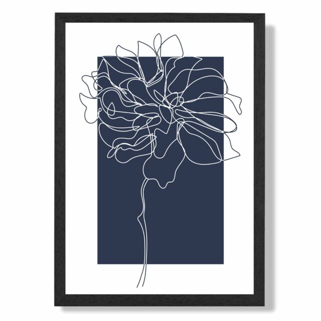 ARTZE Navy Blue & White Abstract Floral Line Art Framed Print SIZE: A4 with Black Frame - image 1