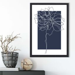 ARTZE Navy Blue & White Abstract Floral Line Art Framed Print SIZE: A4 with Black Frame - thumbnail 2