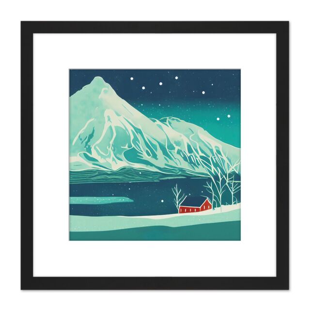 Artery8 The Red House Norway Fjords Winter Mountains Night Sky Stars Snow Hills Square Wooden Framed Wall Art Print Picture 8X8 Inch in Black - image 1