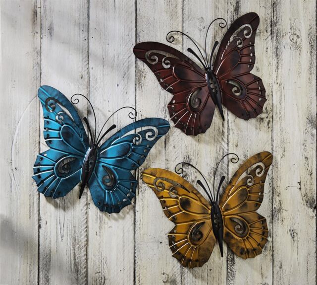 mysmartbuy 3 x Butterfly Wall or Fence Ornaments - Weather Resistant Metal Colourful Home or Garden Decorations - Each H45 x W36cm
