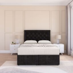 Sloomy Montana Plush Fabric Ottoman Bed End Opening With Sprung Memory Mattress & 26 Inch Headboard in Black - Size: Single - thumbnail 1