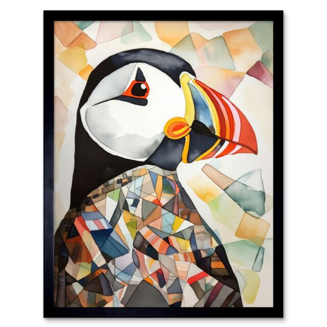 "Artery8 Wall Art Print Puffin Bird Abstract Portrait Folk Art Framed in Black - Size: W12"" x H16""" - image 1