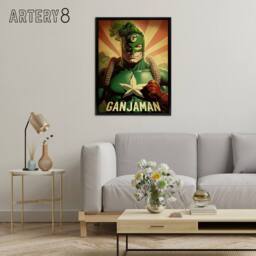 "Artery8 Ganjaman Super Hero Joint Weed Weird Framed Canvas Wall Art Print in Green - Size: W24"" x H32""" - thumbnail 3