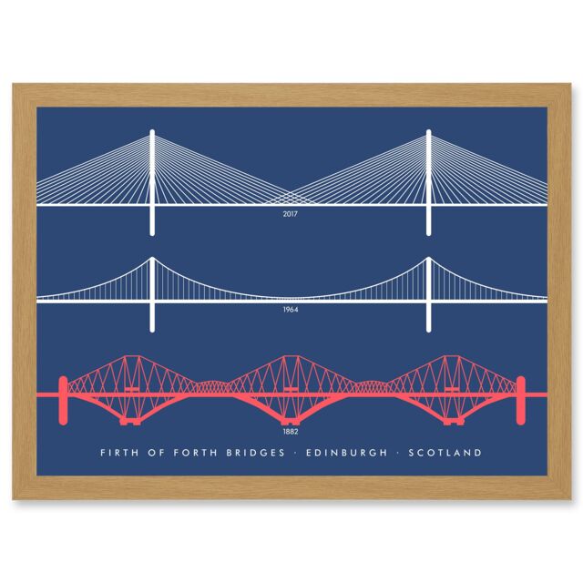 Artery8 Firth Forth Bridges Edinburgh Scotland Queensferry Artwork Framed Wall Art Print A4 in Light Oak - image 1