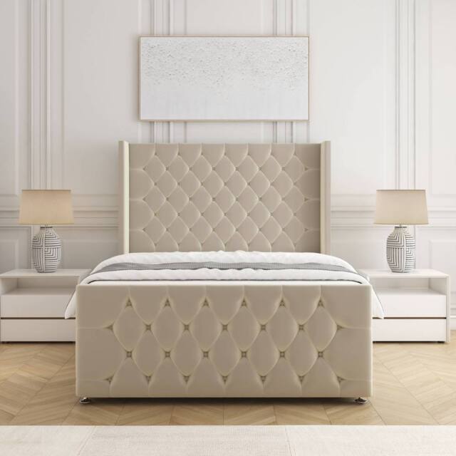 "BSSPOKE Florida Velvet Divan Bed 54""Headboard &Footboard Mattress & No Drawers in Cream - Size: Super King" - image 1