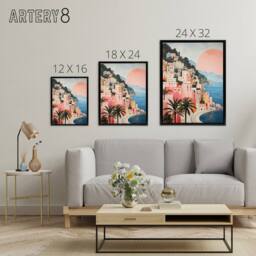 "Artery8 Amalfi Sunrise Italy Coastal Cityscape Framed Canvas Wall Art Print in Blue - Size: W12"" x H16""" - thumbnail 4