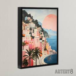 "Artery8 Amalfi Sunrise Italy Coastal Cityscape Framed Canvas Wall Art Print in Blue - Size: W12"" x H16""" - thumbnail 2