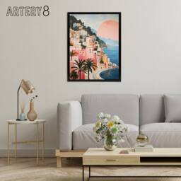 "Artery8 Amalfi Sunrise Italy Coastal Cityscape Framed Canvas Wall Art Print in Blue - Size: W12"" x H16""" - thumbnail 3