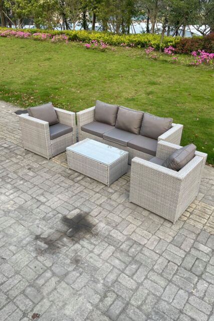 Fimous 4 PC Light Grey Outdoor PE Rattan Garden Furniture Set Wicker Sofa Coffee Table 2 Armchair - image 1