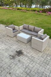 Fimous 4 PC Light Grey Outdoor PE Rattan Garden Furniture Set Wicker Sofa Coffee Table 2 Armchair - thumbnail 2