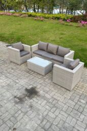 Fimous 4 PC Light Grey Outdoor PE Rattan Garden Furniture Set Wicker Sofa Coffee Table 2 Armchair - thumbnail 1