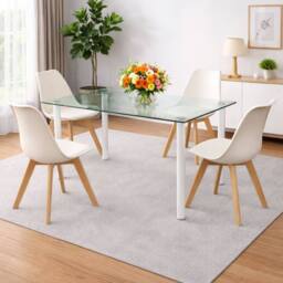 KOSY KOALA Modern Clear Glass Dining Table Set With 4 Cream Plastic Chairs