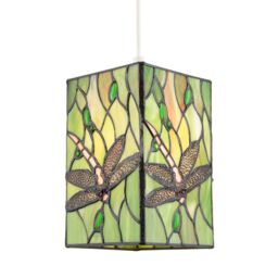 Happy Homewares Stained Glass Dragonfly Rectangular Tiffany Pendant Light Shade in Green - thumbnail 2
