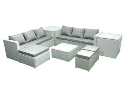 Fimous Rattan Garden Outdoor Furniture Set 9 Seater Rattan Garden Sofa Set with 3 Footstools 2 Side Tables Light Grey Mixed - thumbnail 2