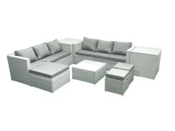 Fimous Rattan Garden Outdoor Furniture Set 9 Seater Rattan Garden Sofa Set with 3 Footstools 2 Side Tables Light Grey Mixed