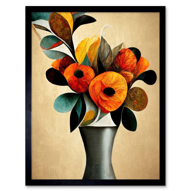 "Artery8 Wall Art Print Abstract Autumn Field Flower Bouquet Silver Vase Orange Art Framed in Black - Size: W12"" x H16""" - image 1