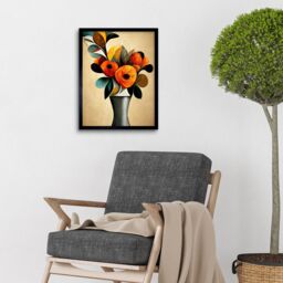 "Artery8 Wall Art Print Abstract Autumn Field Flower Bouquet Silver Vase Orange Art Framed in Black - Size: W12"" x H16""" - thumbnail 2