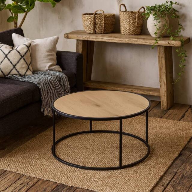 Wyld Haus El Paso Round Coffee Table Wild Oak Effect Top Matt Black Steel Base in Natural - image 1